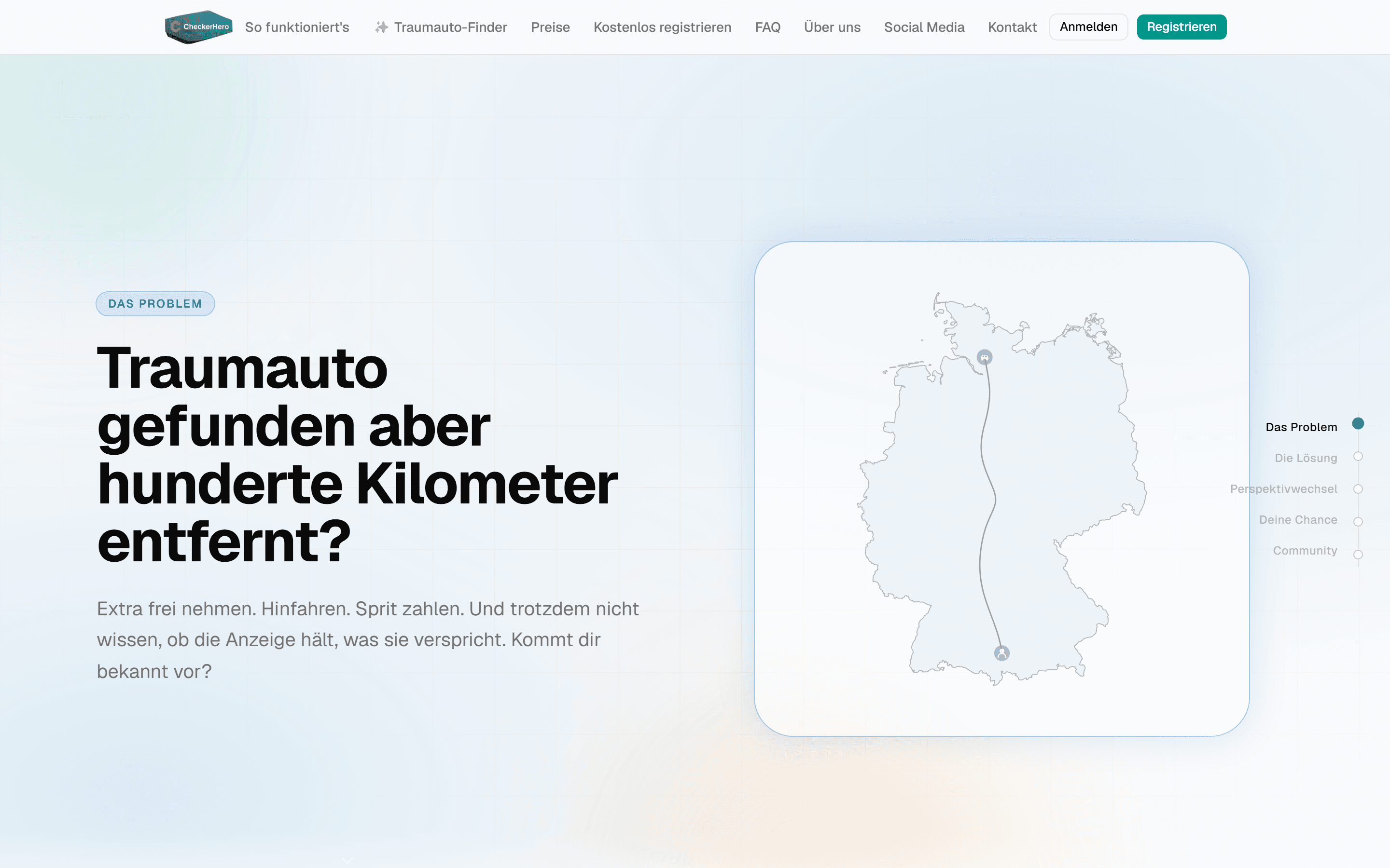 Startseite von CheckerHero mit der Überschrift Traumauto gefunden aber hunderte Kilometer entfernt und einer Deutschlandkarte
