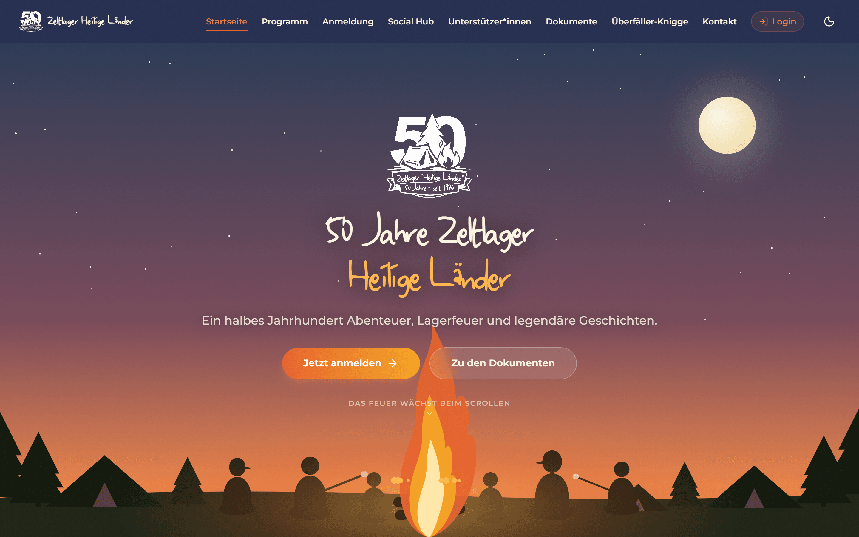 Startseite des Zeltlagers Heilige Länder mit einer Lagerfeuer-Illustration im Kopfbereich