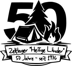 Logo des Zeltlagers Heilige Länder: Zelt, Nadelbaum und Lagerfeuer als Strichzeichnung, darunter der Name auf einem Banner